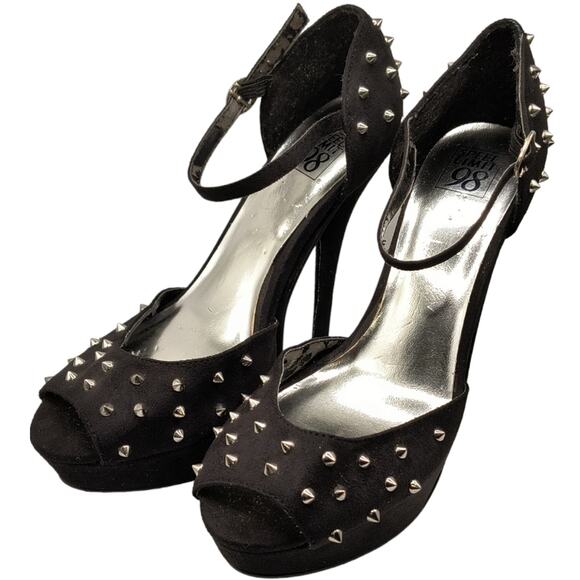 Speed Limit 98 Black Faux Suede Silver Spikes Open Toe Pump Heels 7.5 - Picture 3 of 16